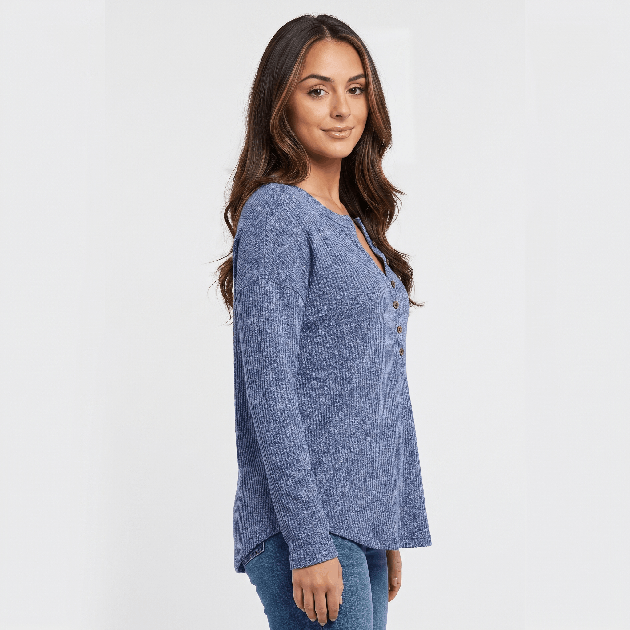 Clarisse Cotton Blend Henley Top – Boho Button-Up Long-Sleeve V-Neck Shirt
