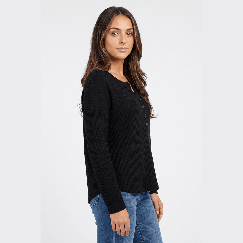 Clarisse Cotton Blend Henley Top – Boho Button-Up Long-Sleeve V-Neck Shirt