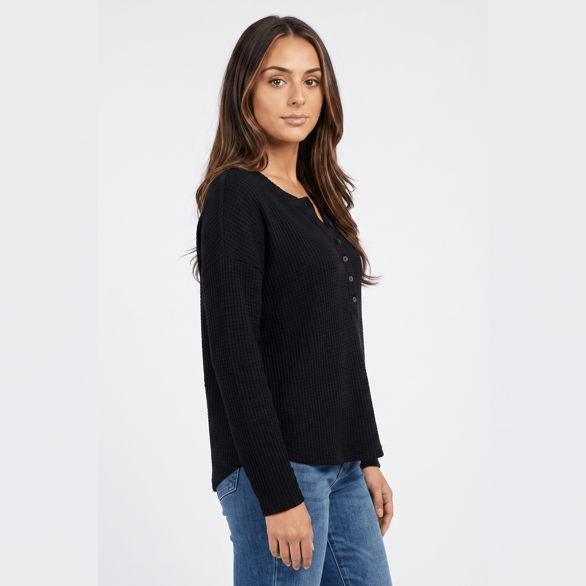 Clarisse Cotton Blend Henley Top – Boho Button-Up Long-Sleeve V-Neck Shirt