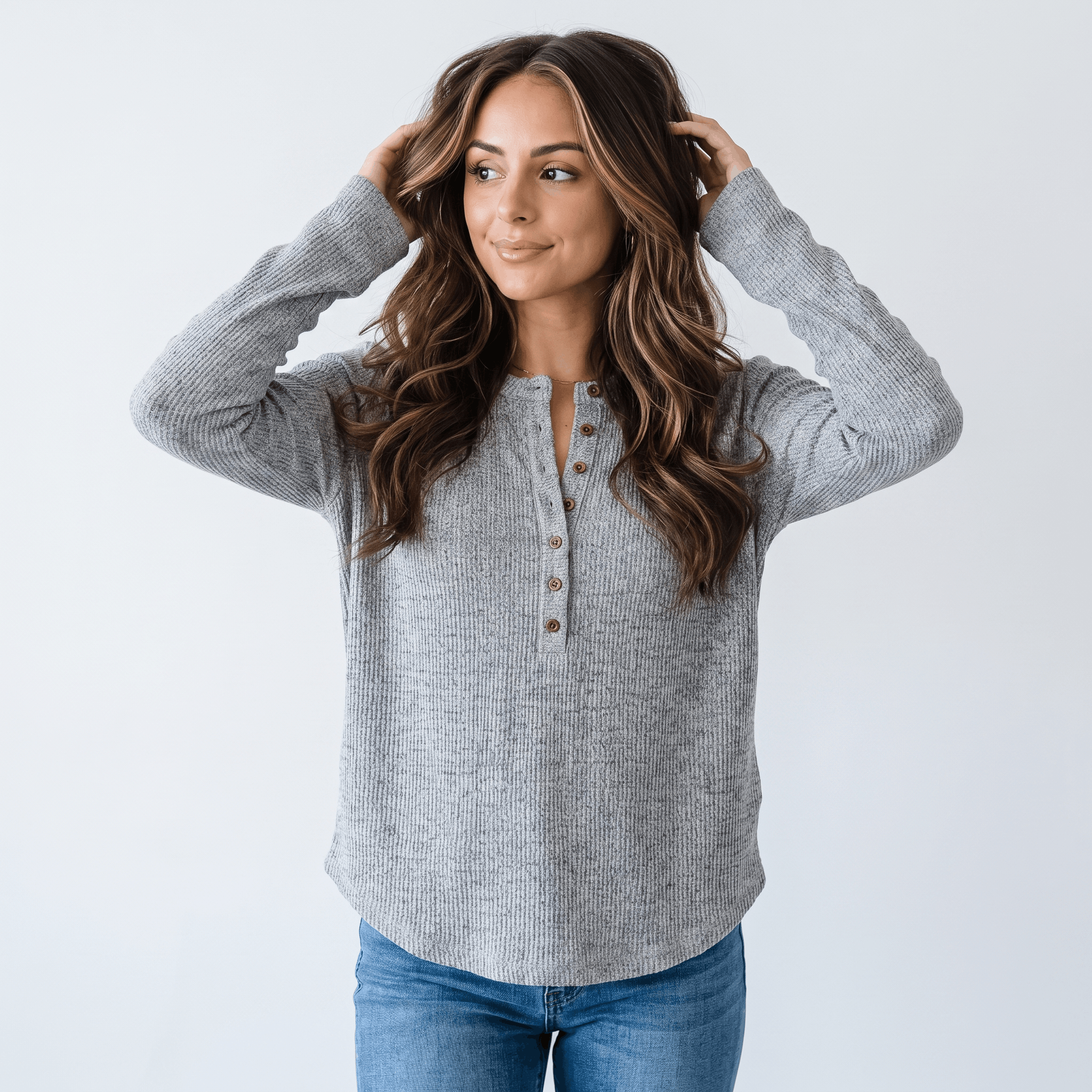 Clarisse Cotton Blend Henley Top – Boho Button-Up Long-Sleeve V-Neck Shirt