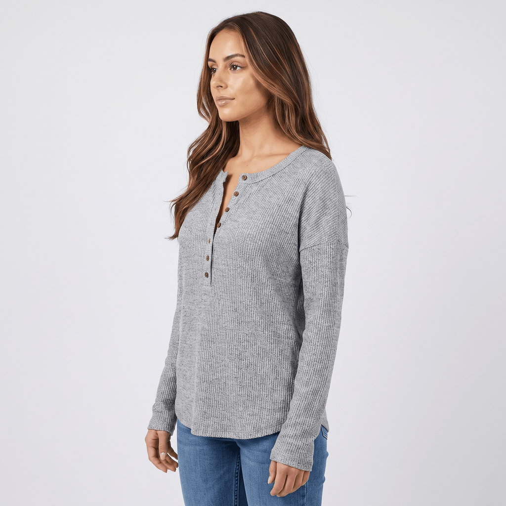 Clarisse Cotton Blend Henley Top – Boho Button-Up Long-Sleeve V-Neck Shirt