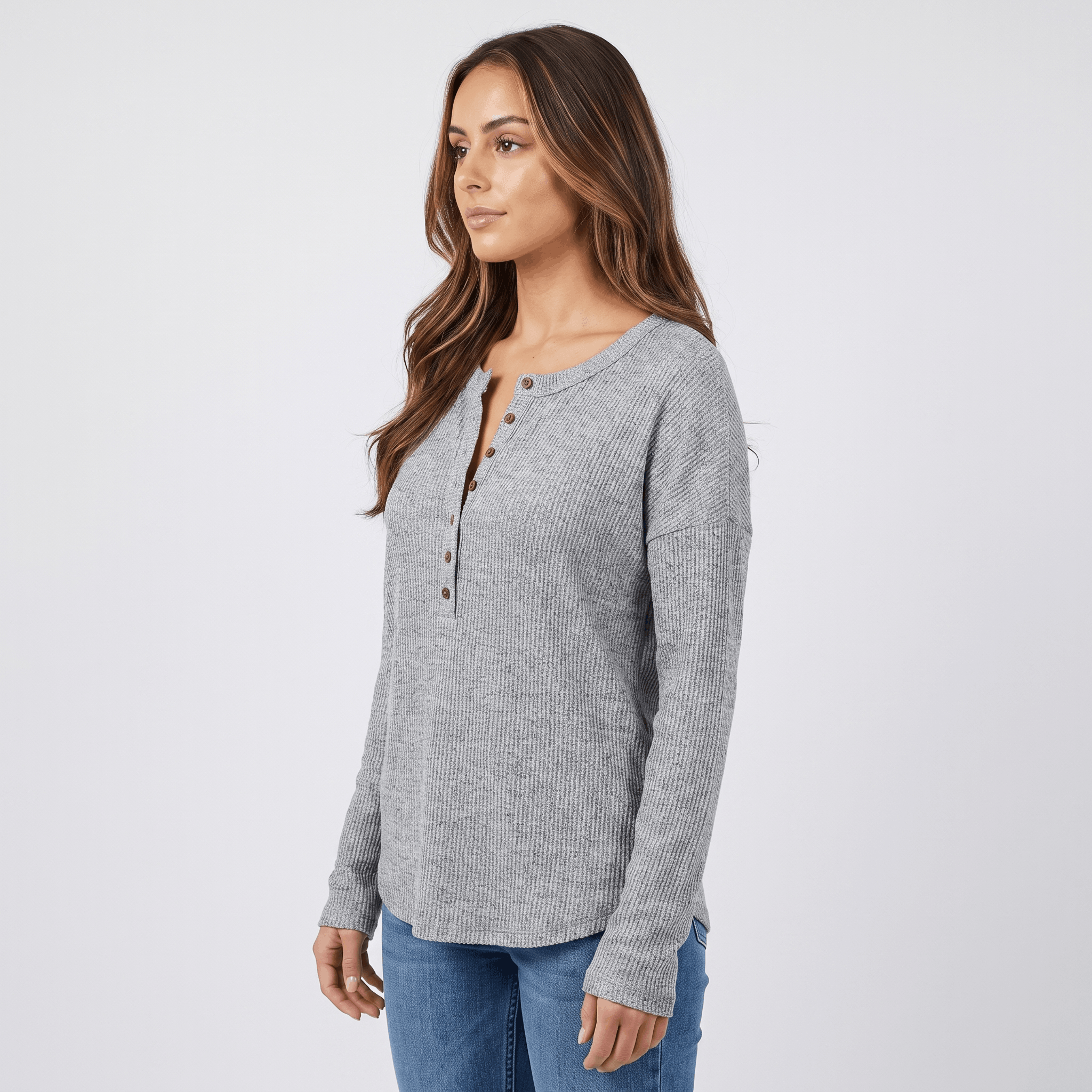 Clarisse Cotton Blend Henley Top – Boho Button-Up Long-Sleeve V-Neck Shirt
