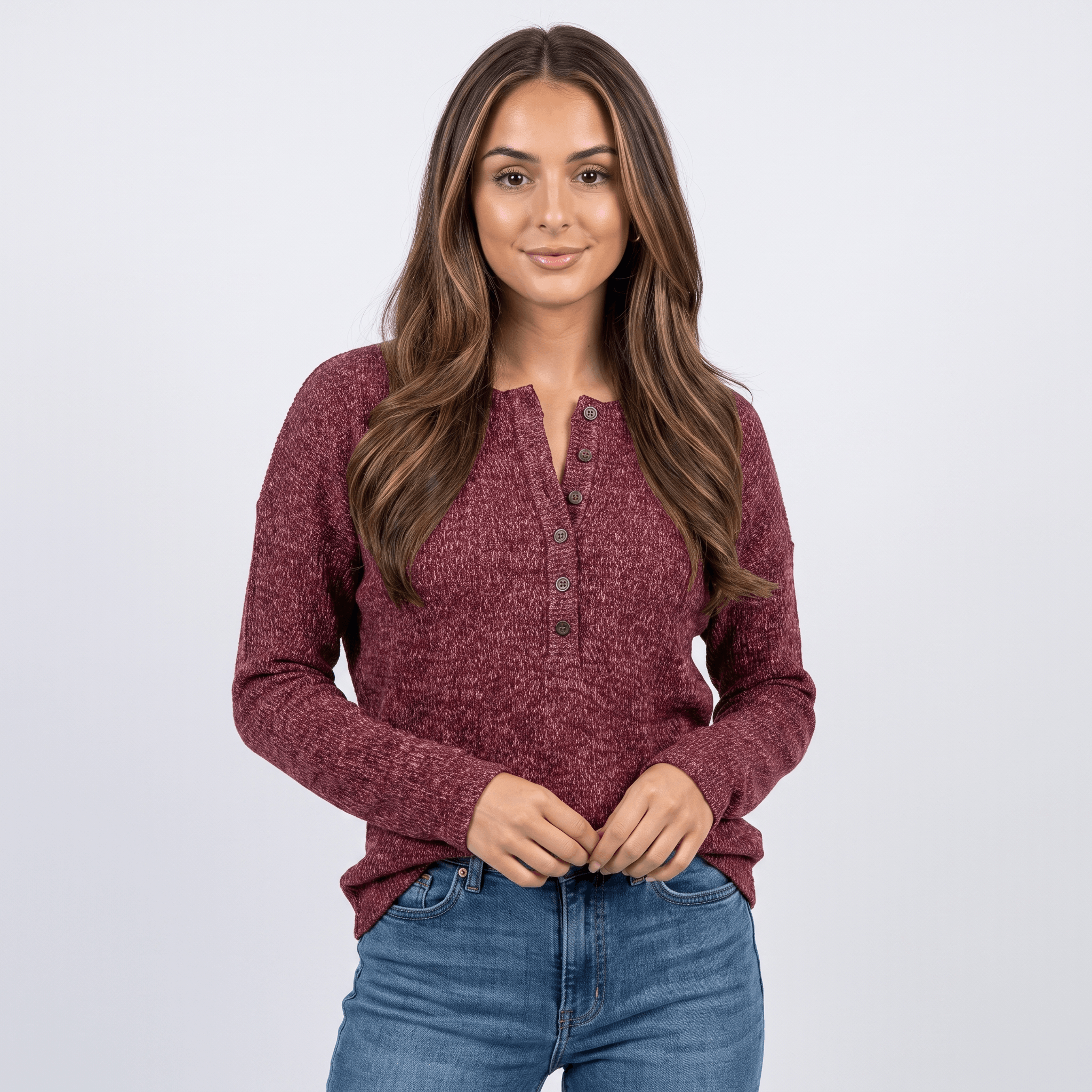 Clarisse Cotton Blend Henley Top – Boho Button-Up Long-Sleeve V-Neck Shirt
