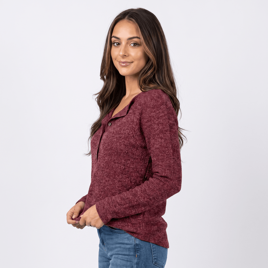 Clarisse Cotton Blend Henley Top – Boho Button-Up Long-Sleeve V-Neck Shirt