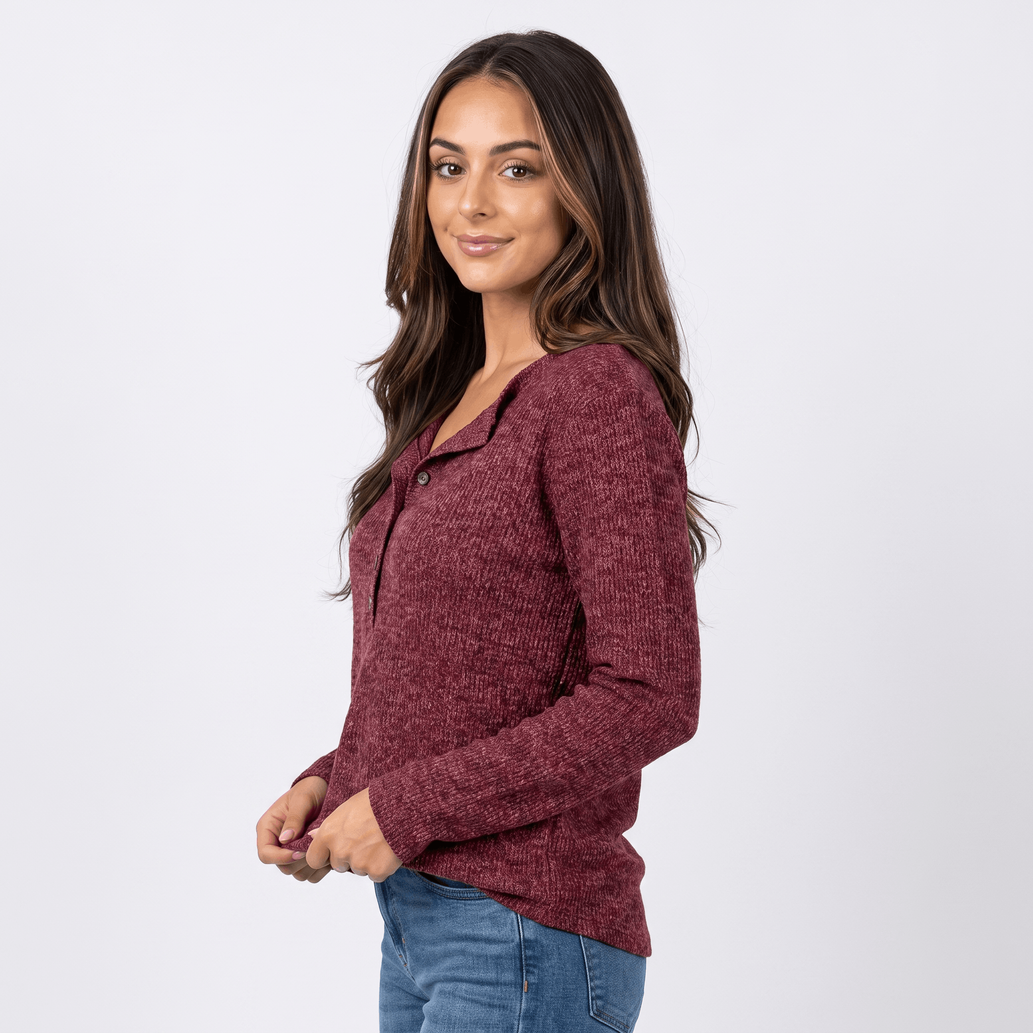 Clarisse Cotton Blend Henley Top – Boho Button-Up Long-Sleeve V-Neck Shirt