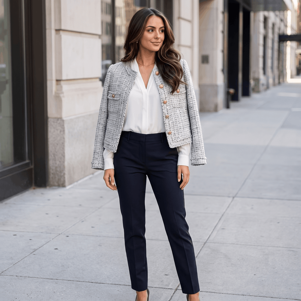 Woman wearing a light gray textured tweed jacket with dark trousers while walking along a city sidewalk.