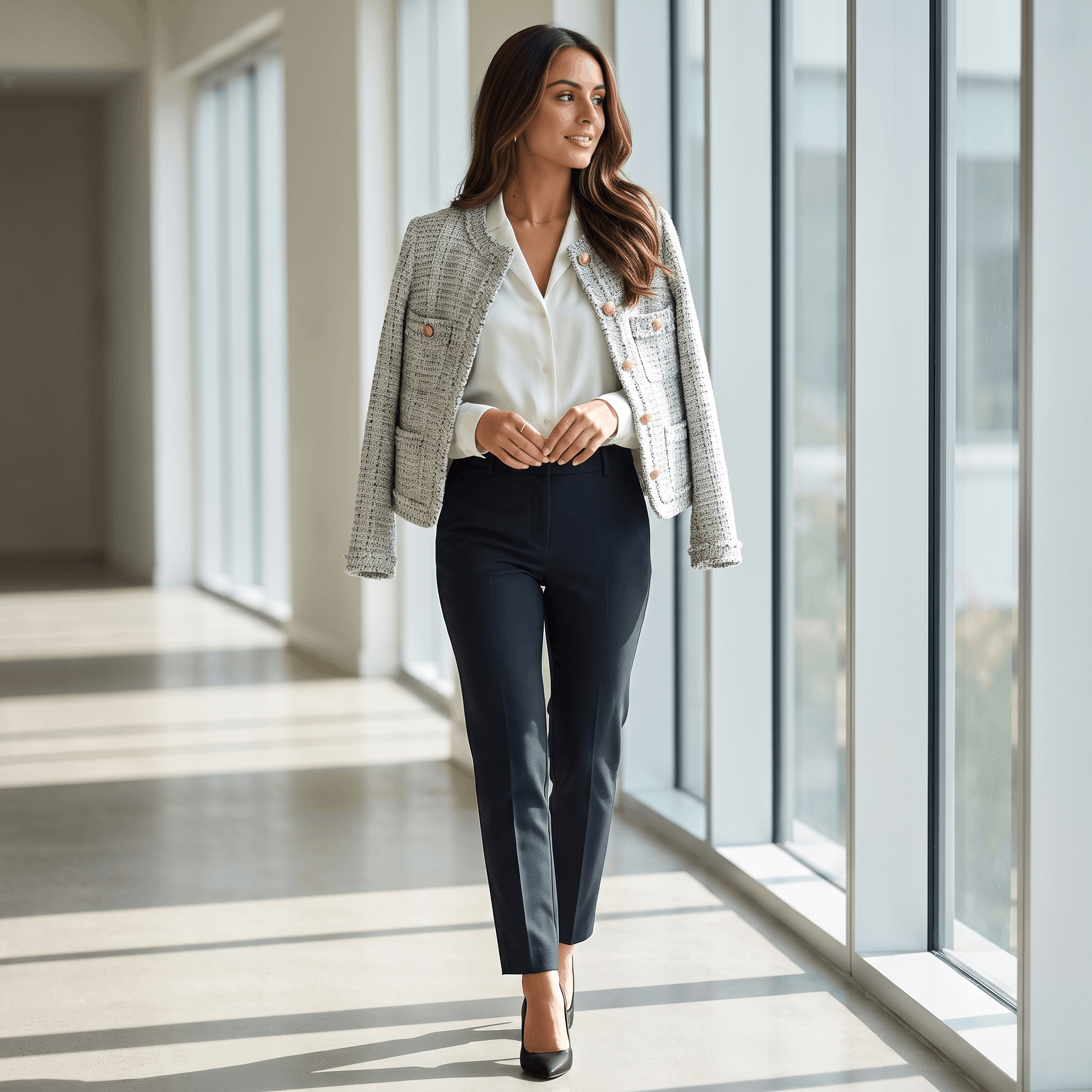 Woman wearing a light gray tweed jacket with a white blouse and dark trousers while walking through a bright modern interior.
