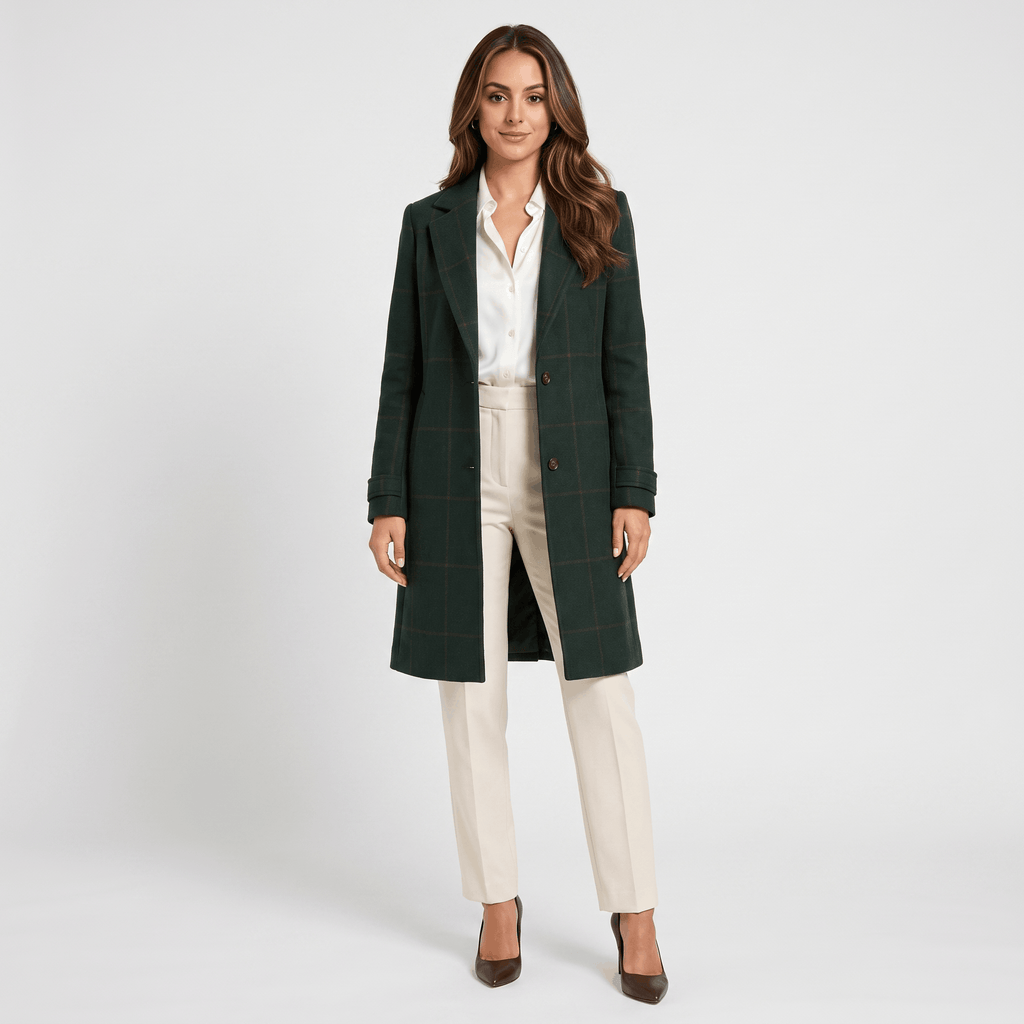Woman wearing a dark green long coat with a tailored silhouette, notched lapels, button closure, and long sleeves over a white blouse and cream trousers.