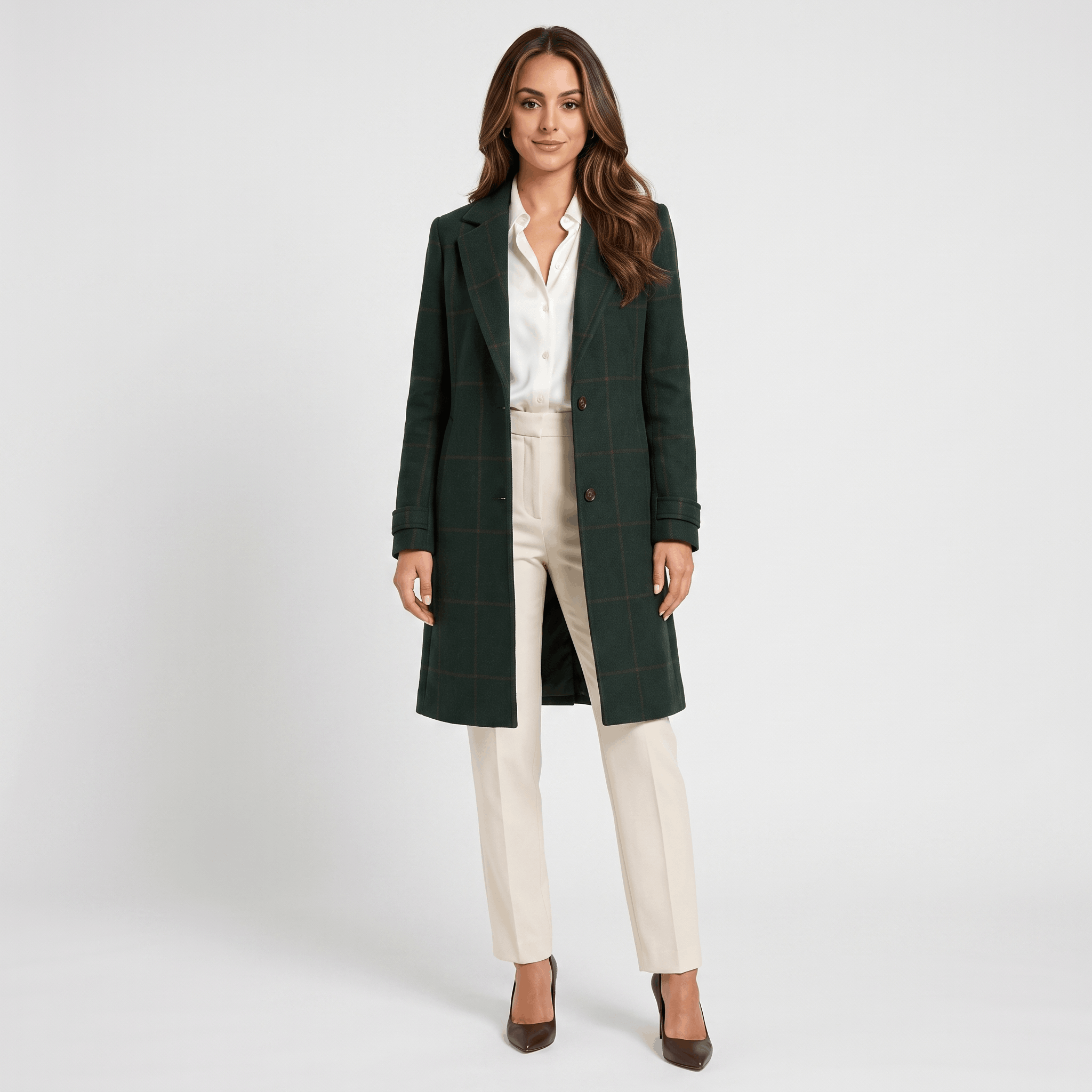 Woman wearing a dark green long coat with a tailored silhouette, notched lapels, button closure, and long sleeves over a white blouse and cream trousers.