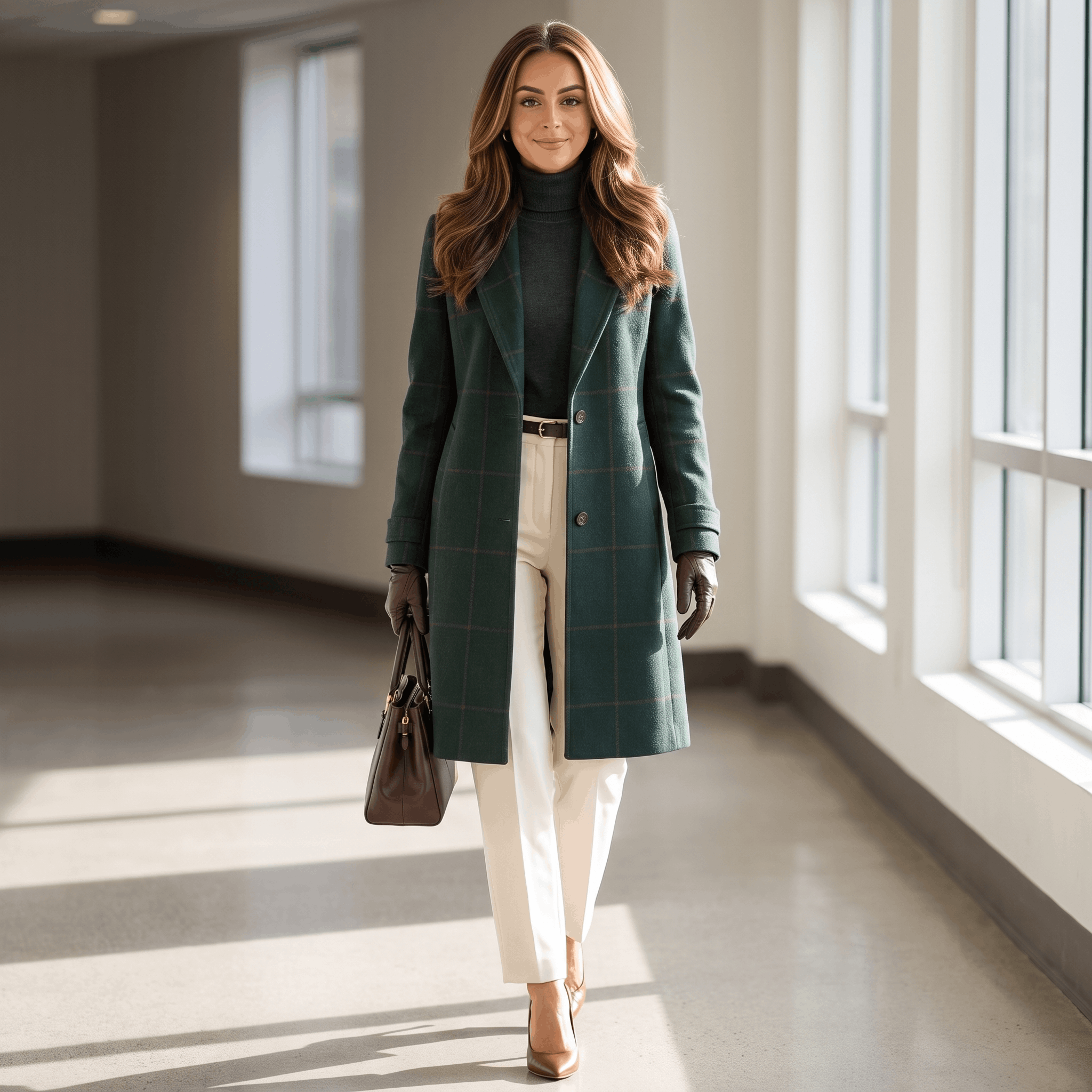 Woman wearing a dark green long coat with cream trousers and brown heels while walking through a bright modern interior.