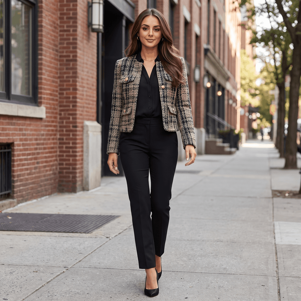Woman wearing a blue and beige plaid tweed jacket with black trousers while walking along a city sidewalk.