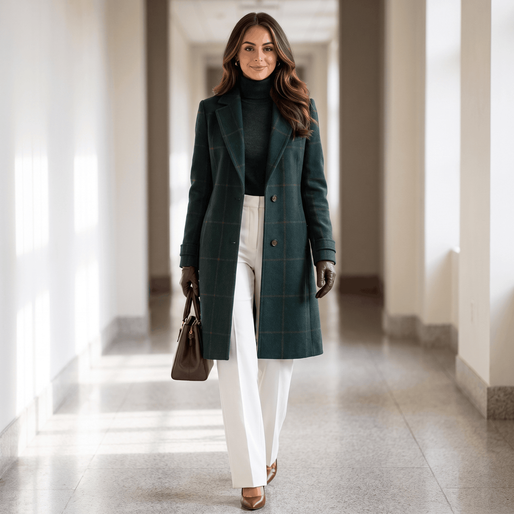 Woman wearing a dark green long coat over a white blouse and cream trousers while walking through a bright hallway.