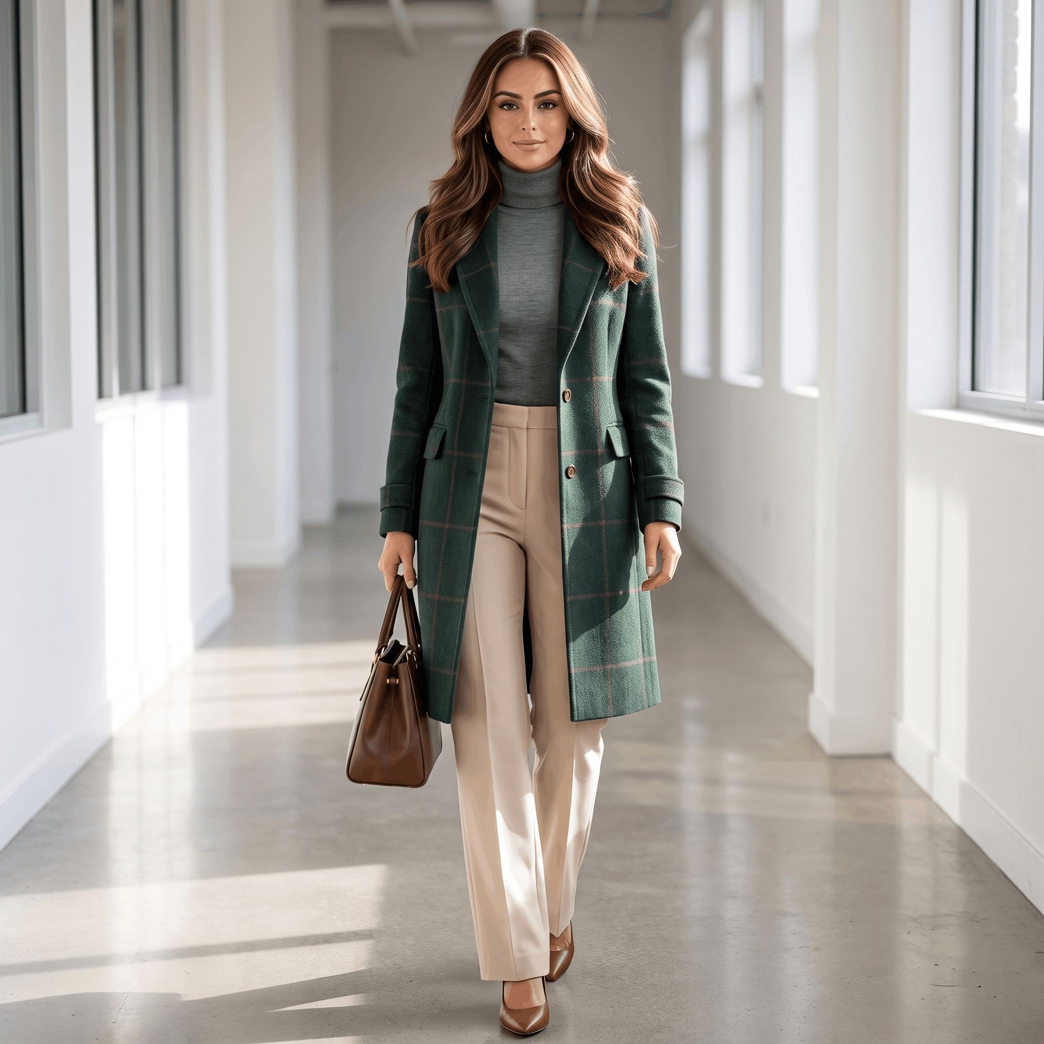 Woman wearing a dark green long coat with cream trousers and brown heels while walking through a bright modern interior.