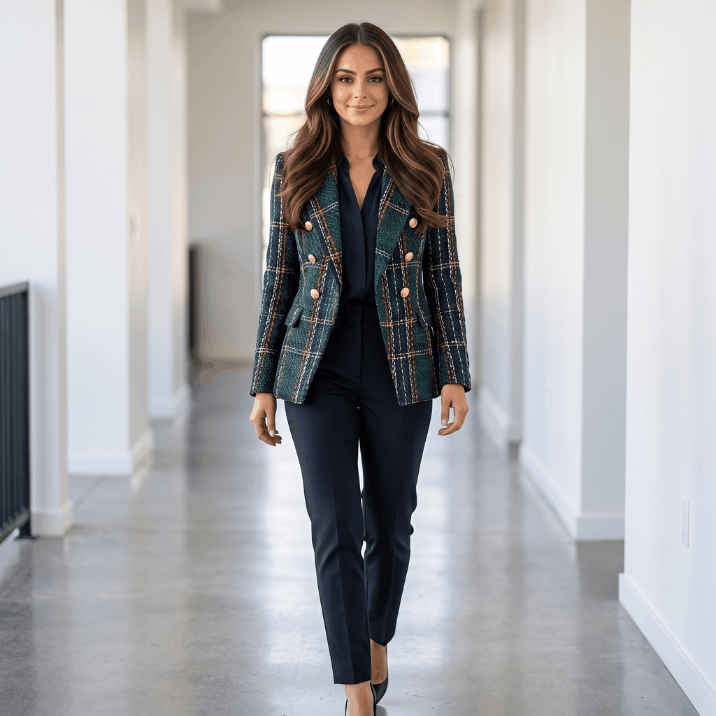 Woman wearing a dark green plaid tweed blazer with dark trousers and ankle boots while walking along a city sidewalk.