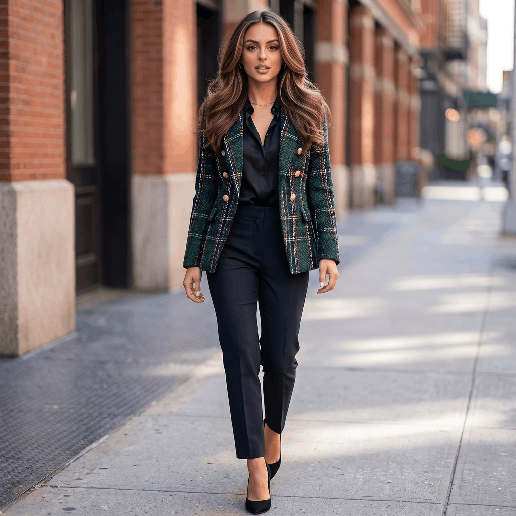 Estelle Plaid Tweed Blazer – Double-Breasted Gold-Button Tailored Jacket