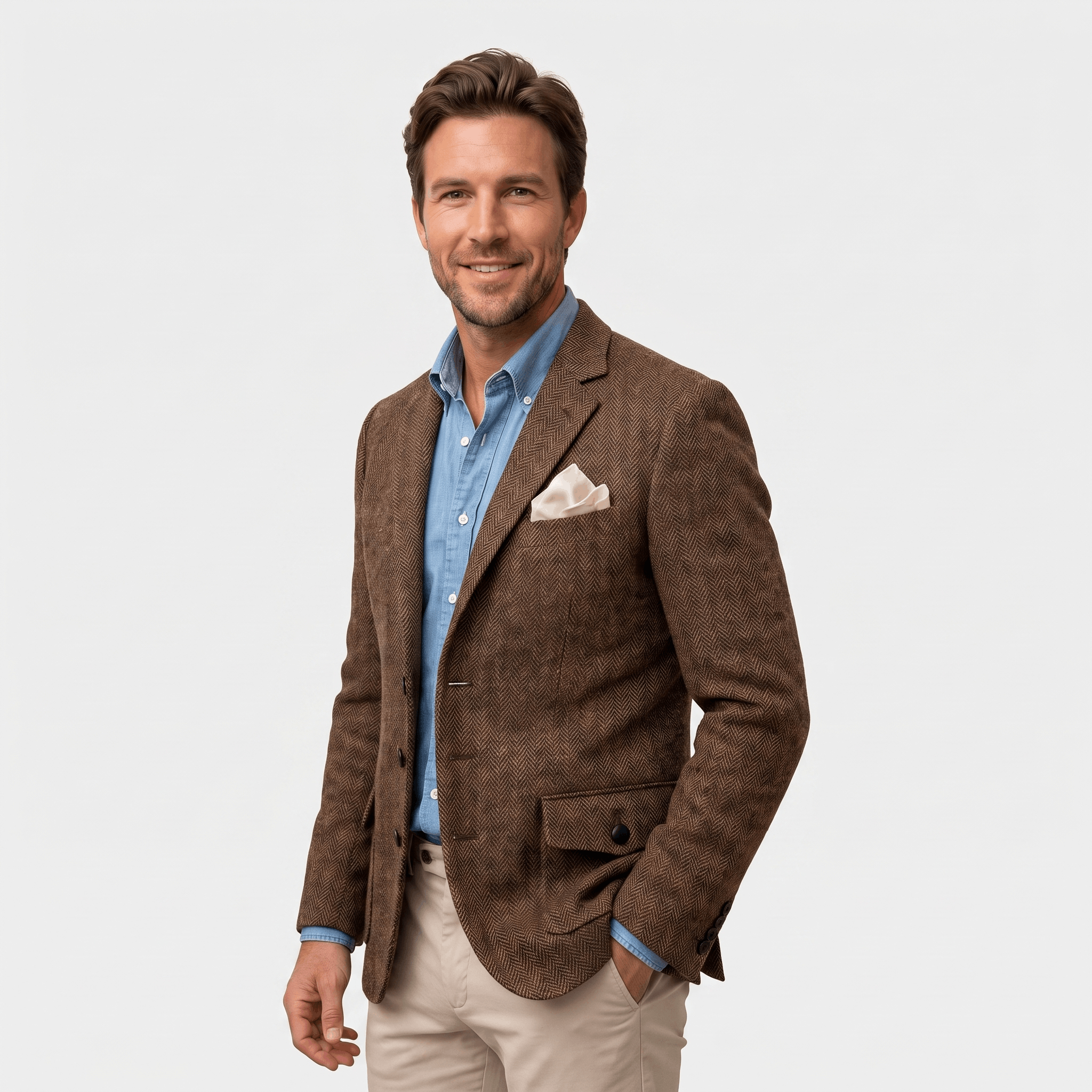 Side view of a man wearing a brown textured blazer with a notched lapel, button closure, flap pockets, and tailored silhouette over a blue shirt.