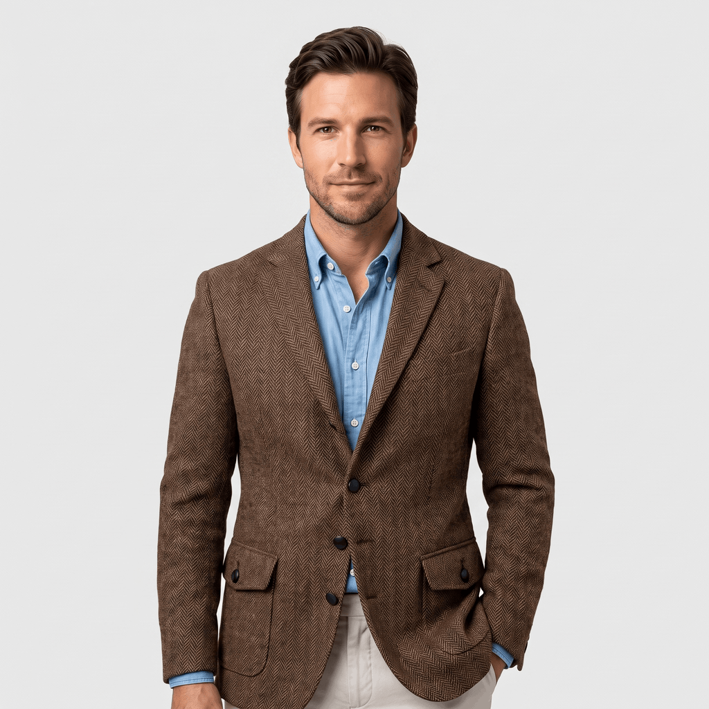 Man wearing a brown textured blazer with a notched lapel, two-button closure, flap pockets, and tailored fit over a blue button-down shirt and light trousers.