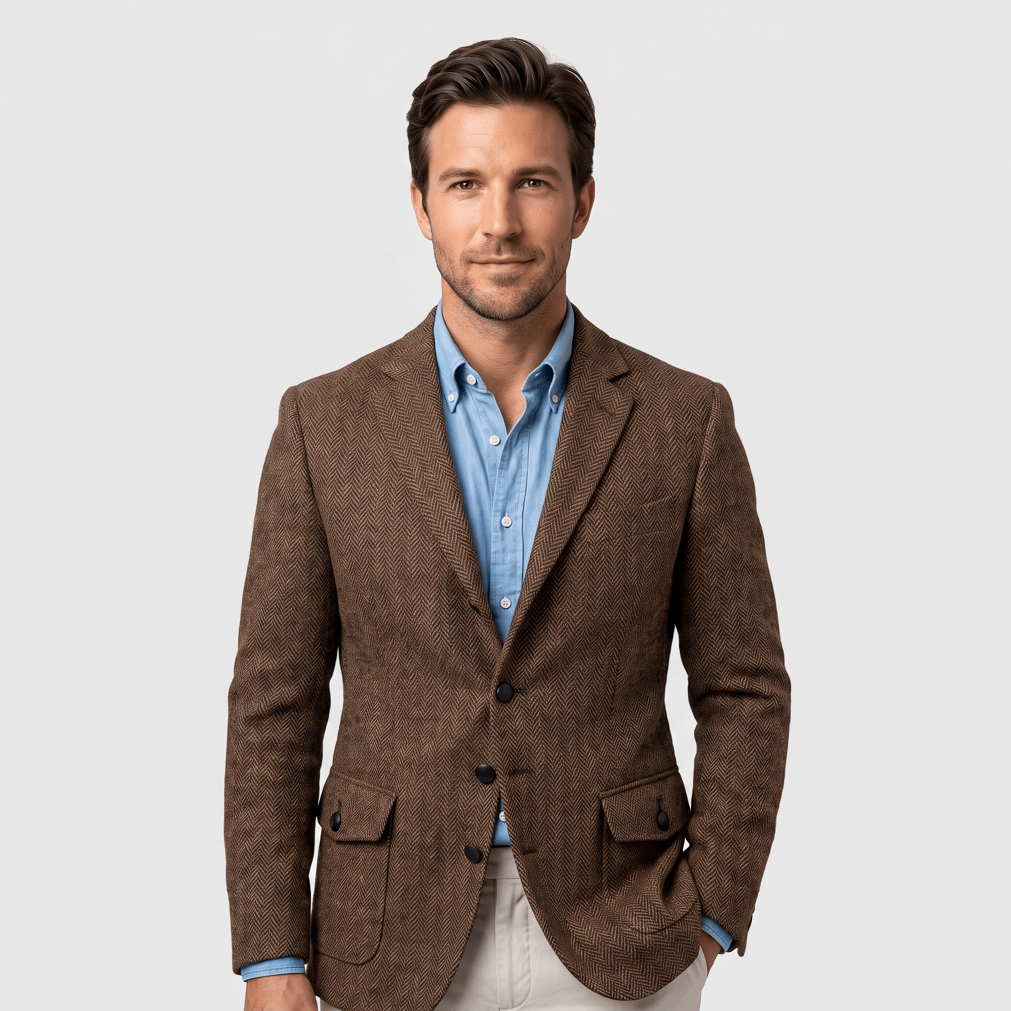 Man wearing a brown textured blazer with a notched lapel, two-button closure, flap pockets, and tailored fit over a blue button-down shirt and light trousers.