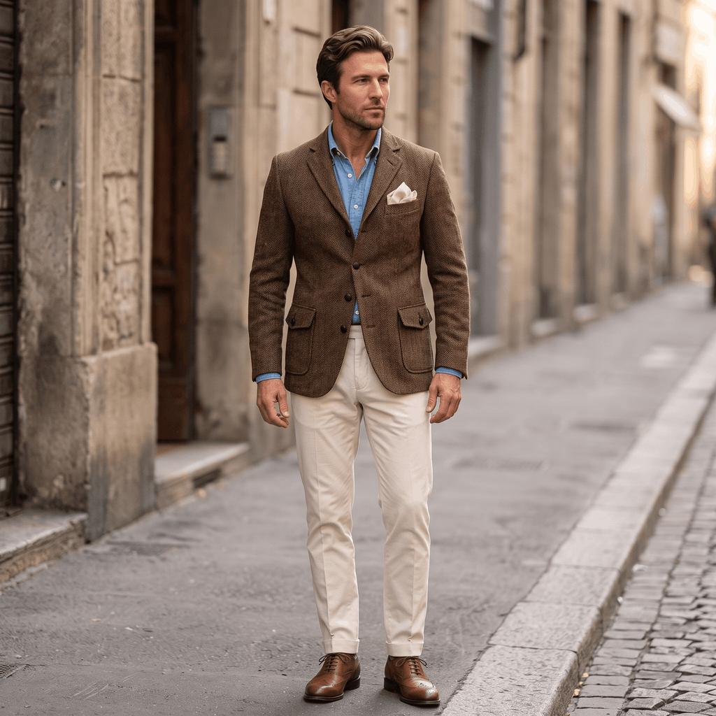 Man wearing a brown textured blazer, blue shirt, and light trousers while walking along a city street.