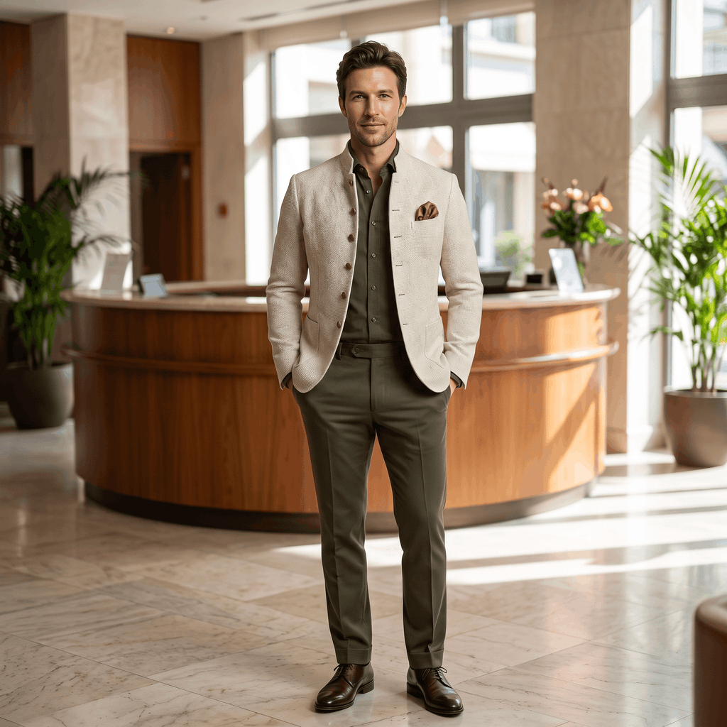Man wearing a beige textured blazer, olive green shirt, and dark trousers while standing in a modern indoor setting.