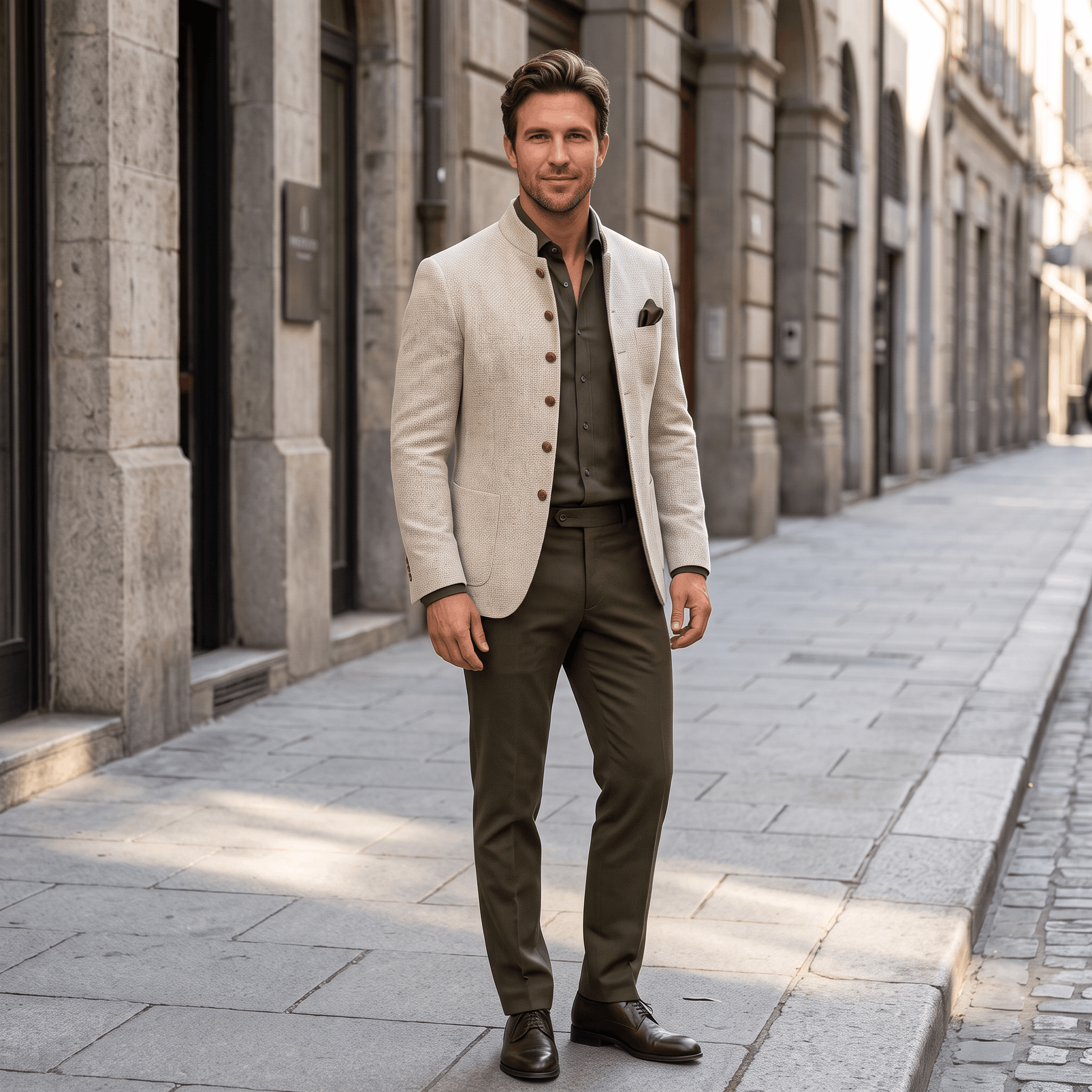 Man wearing a beige textured blazer over an olive green shirt and dark trousers while walking along a city street.
