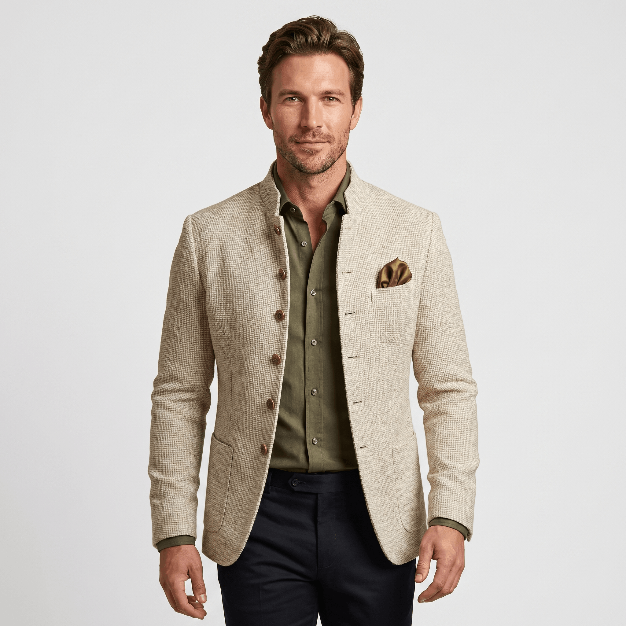 Man wearing a beige textured blazer with a notched lapel, button closure, flap pockets, and pocket square over an olive green shirt and black trousers.