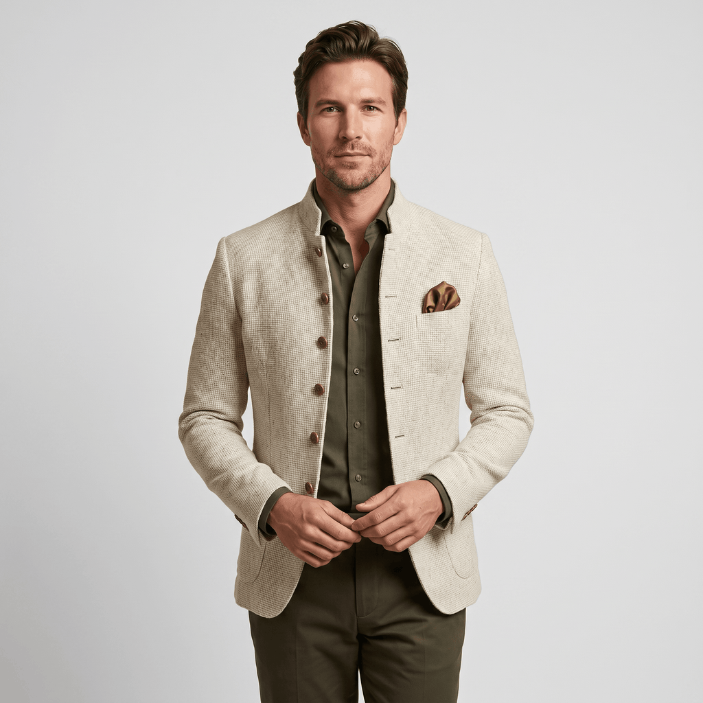 Front view of a man wearing a beige textured blazer with a notched lapel, button closure, flap pockets, and pocket square over an olive green shirt.