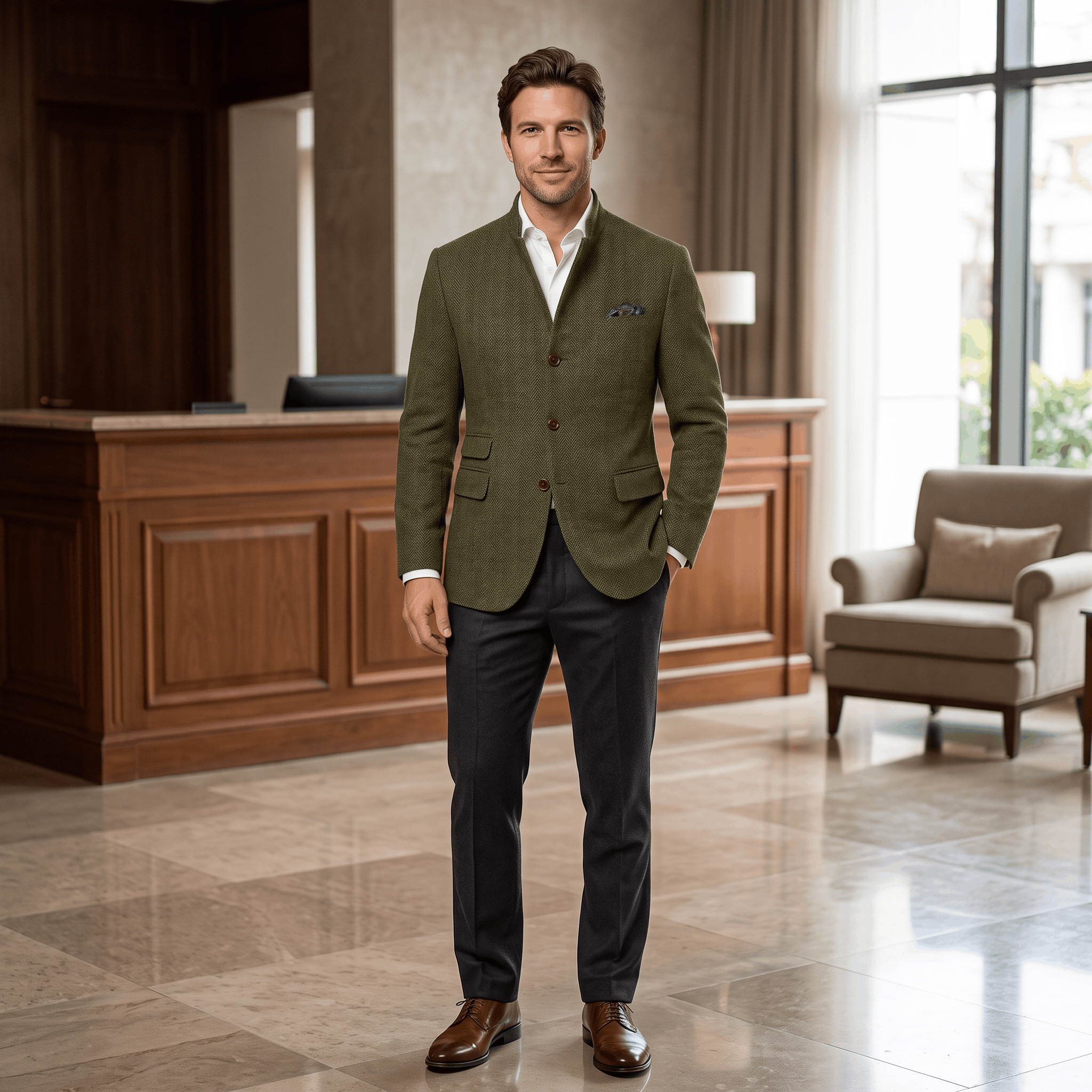 Man wearing an olive green textured blazer, white dress shirt, and black trousers while standing in a bright modern interior.