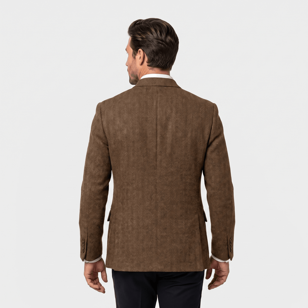 Back view of a man wearing a brown textured blazer with a tailored fit and classic structured design.