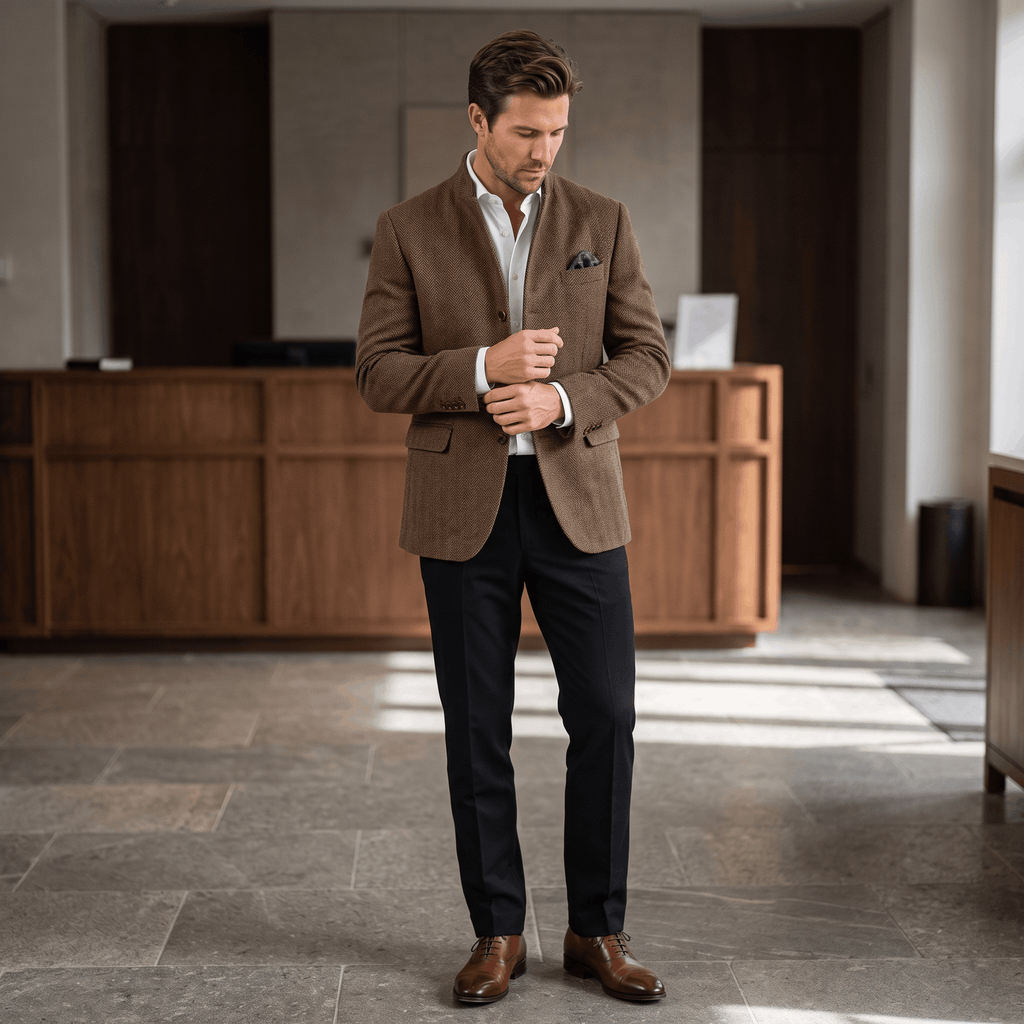 Man wearing a brown textured blazer, white dress shirt, and black trousers while standing in an elegant indoor setting.