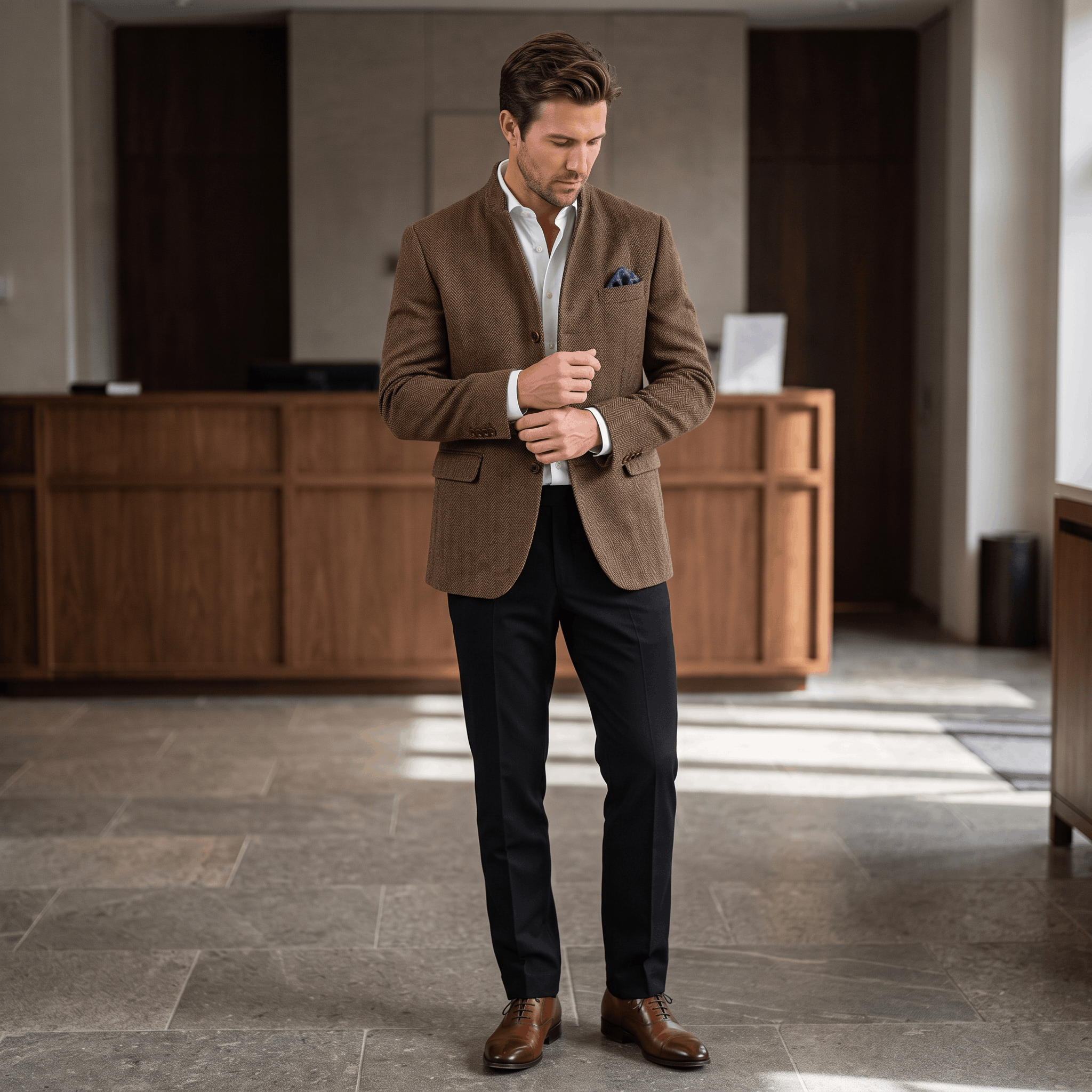 Man wearing a brown textured blazer, white dress shirt, and black trousers while standing in an elegant indoor setting.
