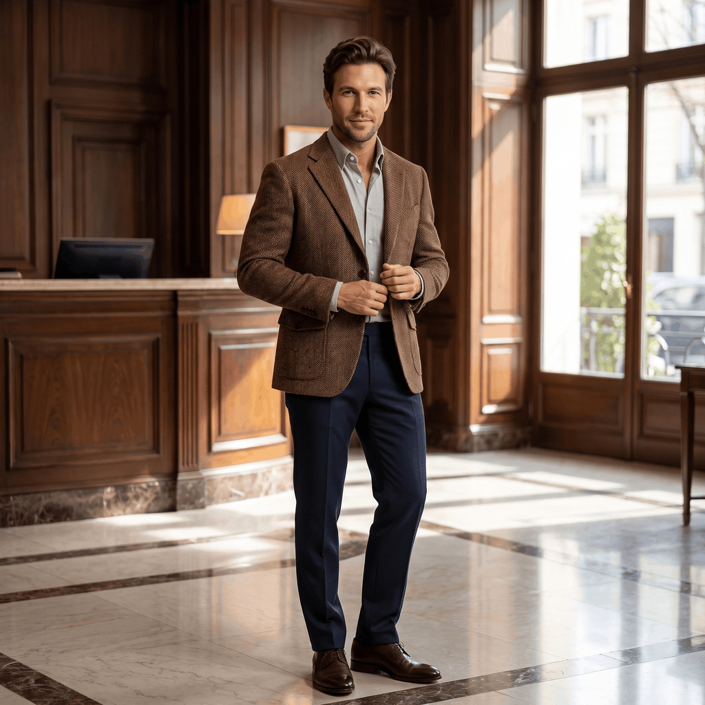 Man wearing a brown textured blazer, white shirt, and dark trousers while standing in an elegant indoor setting.