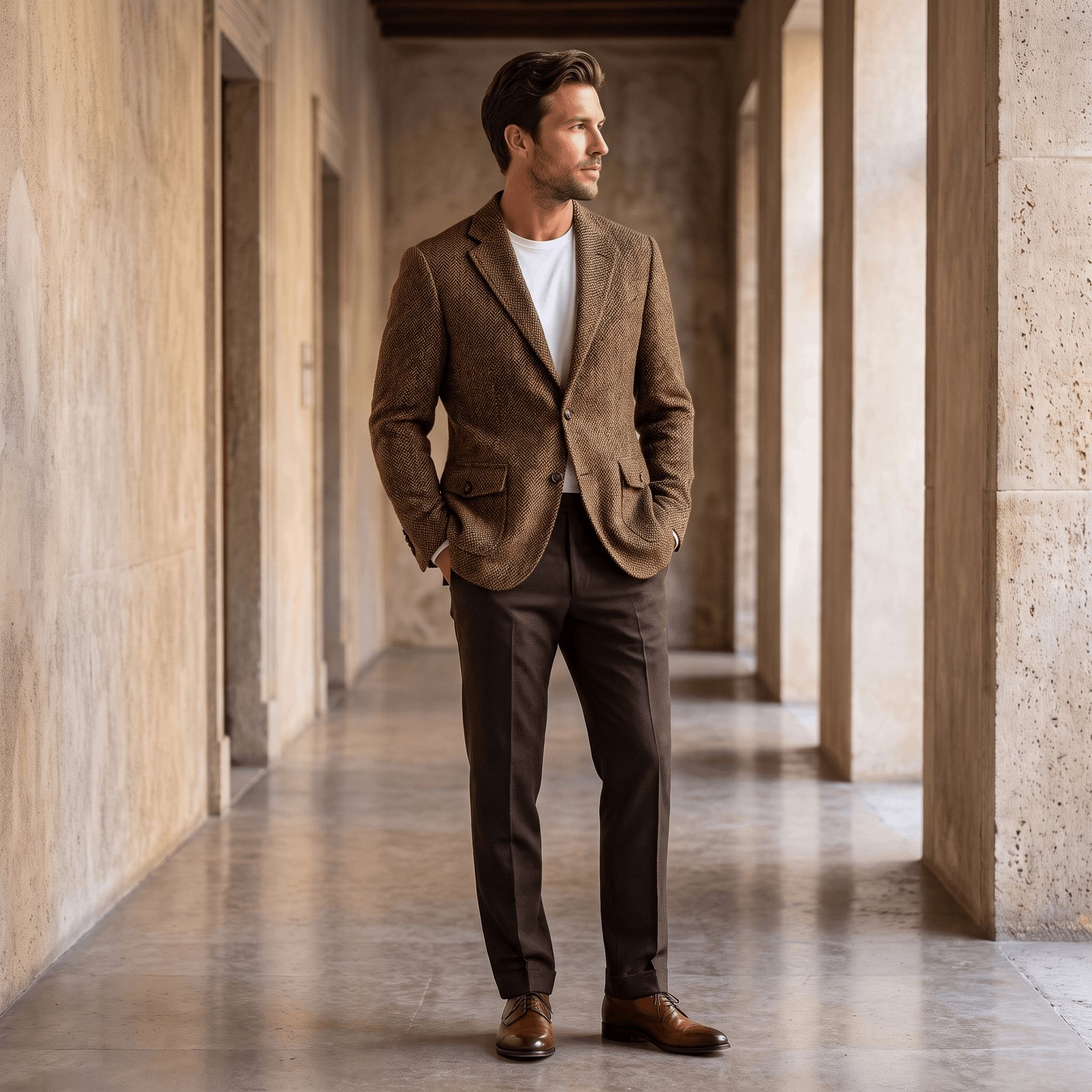 Man wearing a brown textured blazer over a white shirt and dark trousers while standing in a bright modern interior.