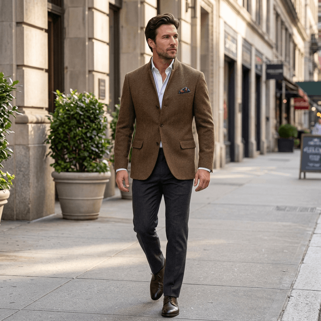 Man wearing a brown textured blazer over a white dress shirt and black trousers while walking along a city street.