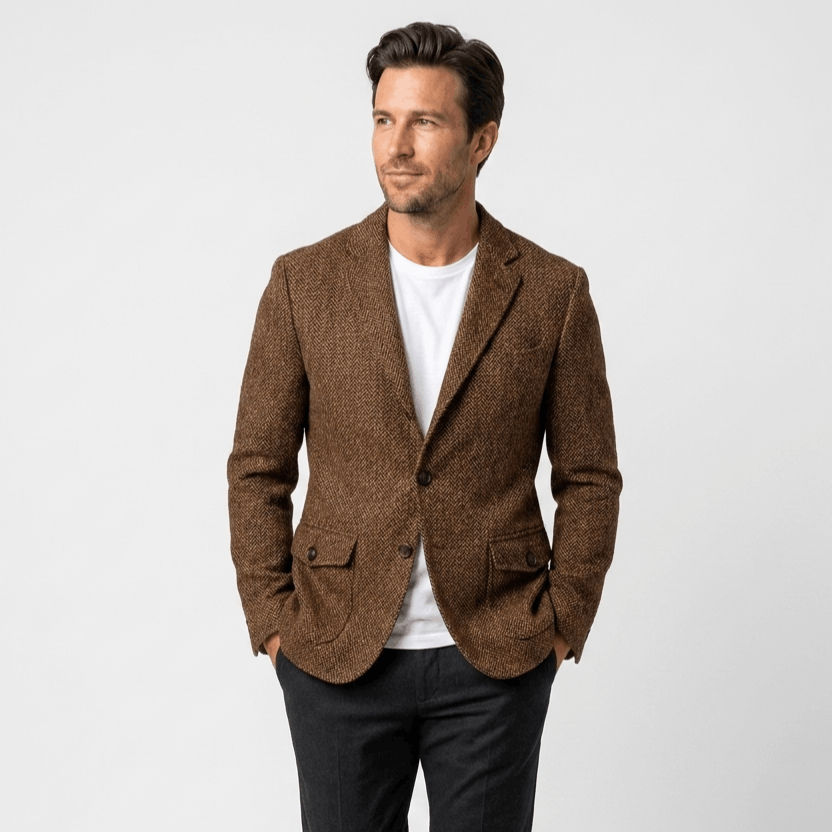 Man wearing a brown textured blazer with notched lapels, button closure, flap pockets, and tailored fit over a white crew-neck shirt and black trousers.