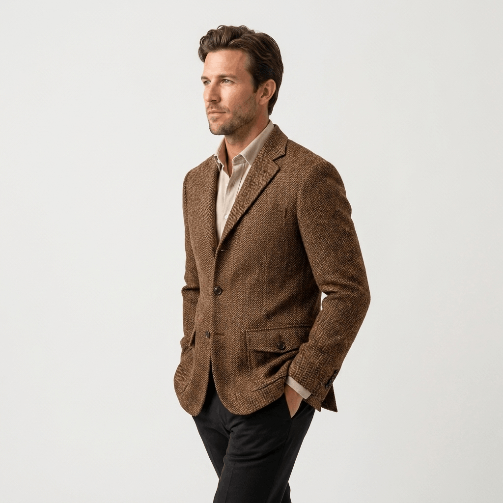 Side view of a man wearing a brown textured blazer with notched lapels, button closure, flap pockets, and tailored silhouette over a white shirt.