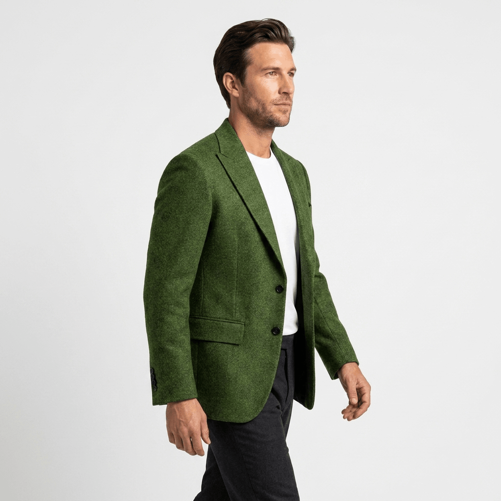 Side view of a man wearing an olive green textured blazer with a notched lapel, button closure, and tailored silhouette.