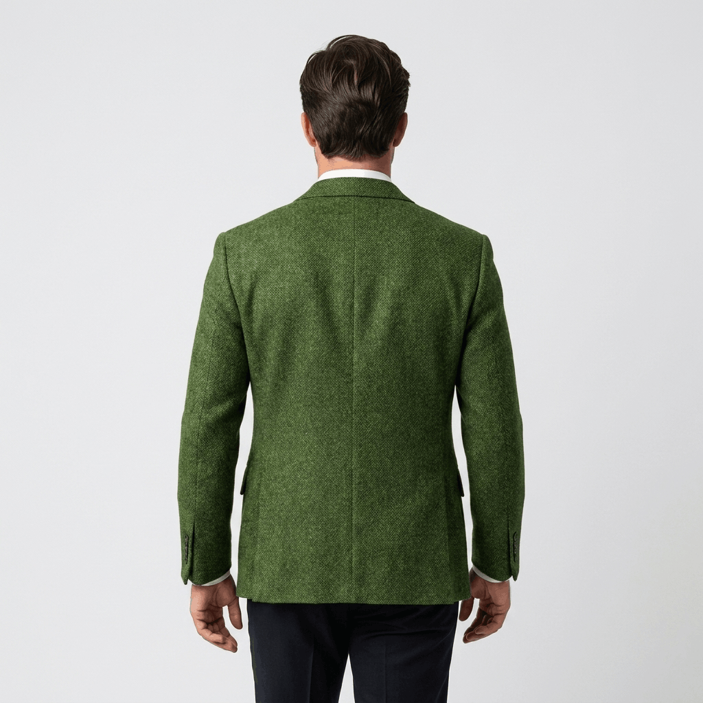 Back view of a man wearing an olive green textured blazer with a tailored fit and long sleeves.