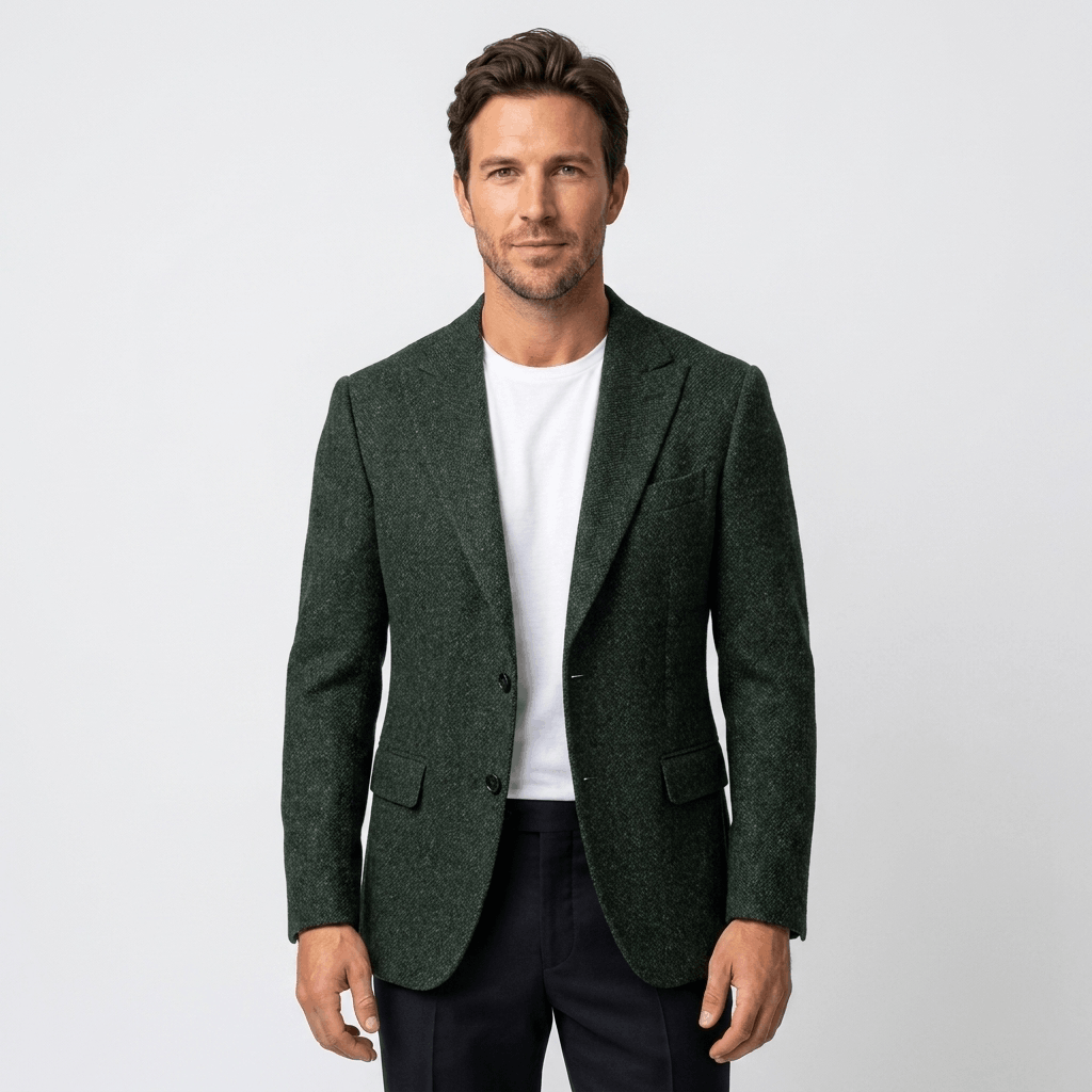 Man wearing a dark green textured blazer with a notched lapel, button closure, flap pockets, and tailored fit over a white crew-neck shirt and black trousers.