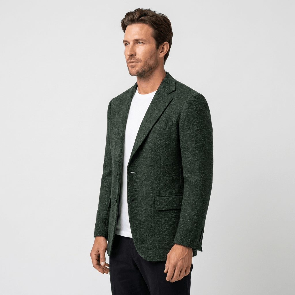 Side view of a man wearing a dark green textured blazer over a white shirt and black trousers, featuring a notched lapel and tailored silhouette.