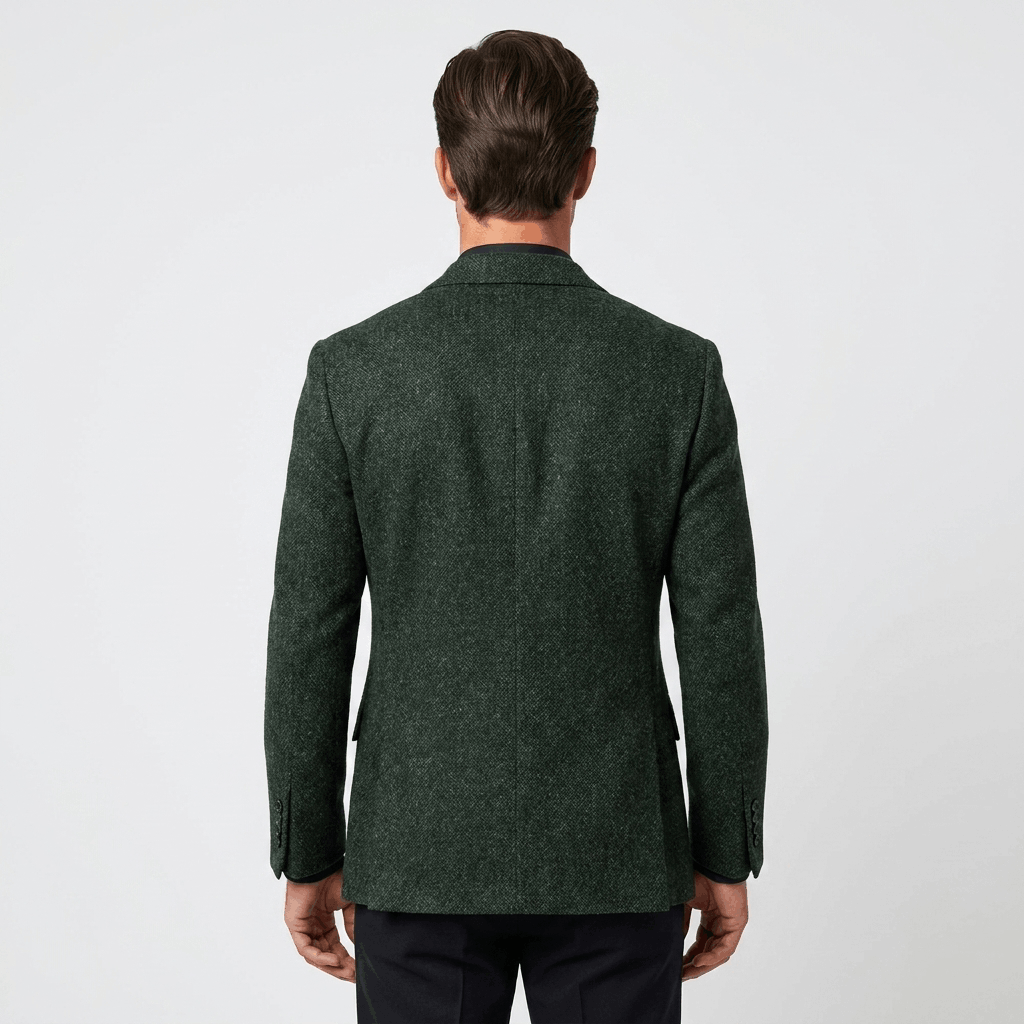 Back view of a man wearing a dark green textured blazer with a tailored fit and classic structured design.