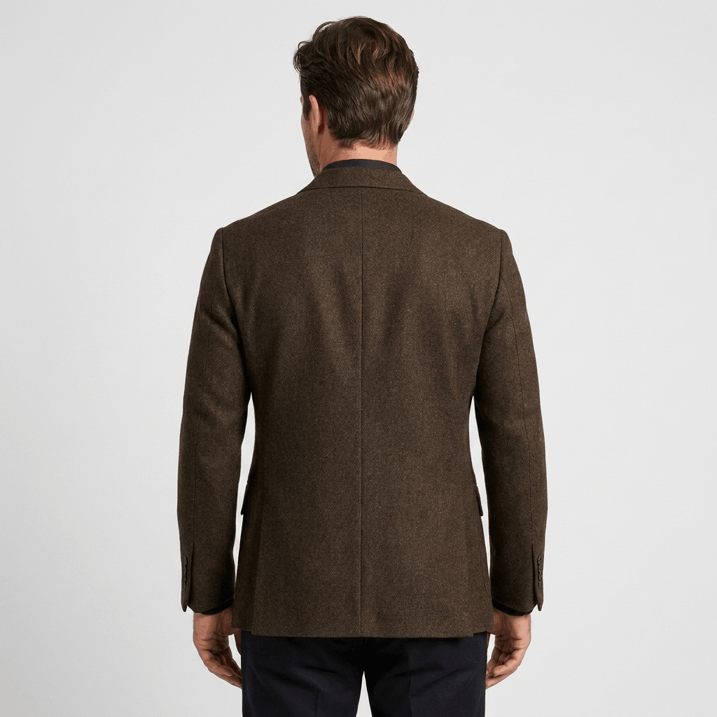 Back view of a man wearing a brown textured blazer with a tailored fit and classic structured design.