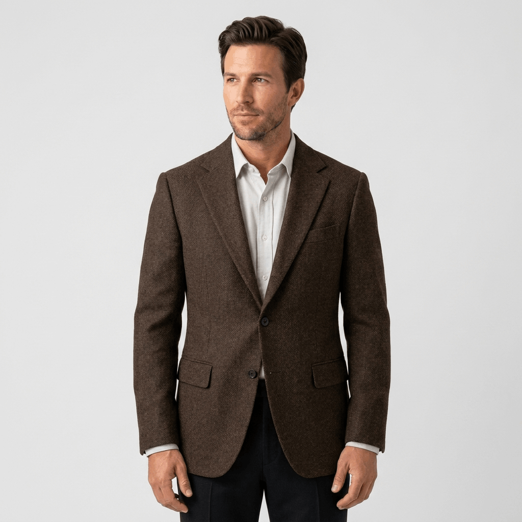 Man wearing a brown textured blazer with a notched lapel, button closure, flap pockets, and tailored fit over a white shirt and black trousers.