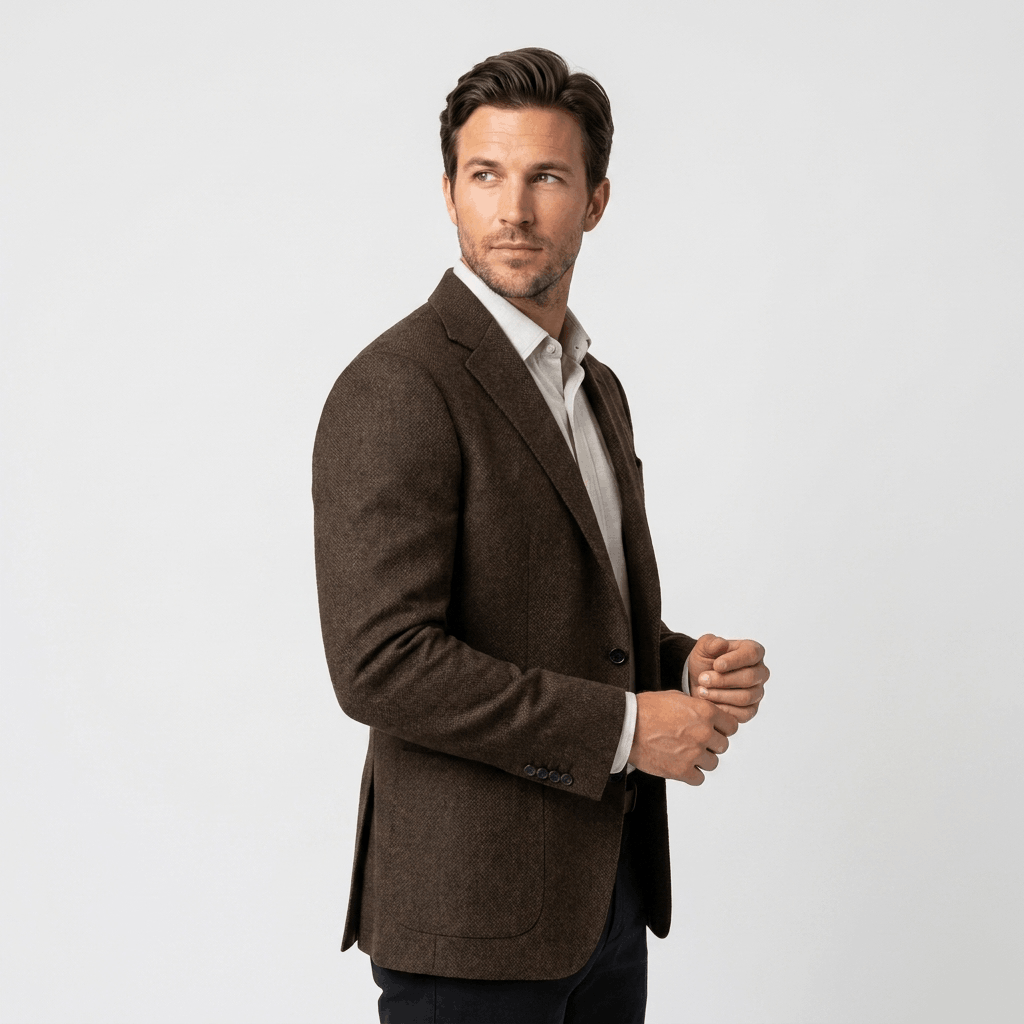 Side view of a man wearing a brown textured blazer with a notched lapel, button closure, and tailored silhouette.