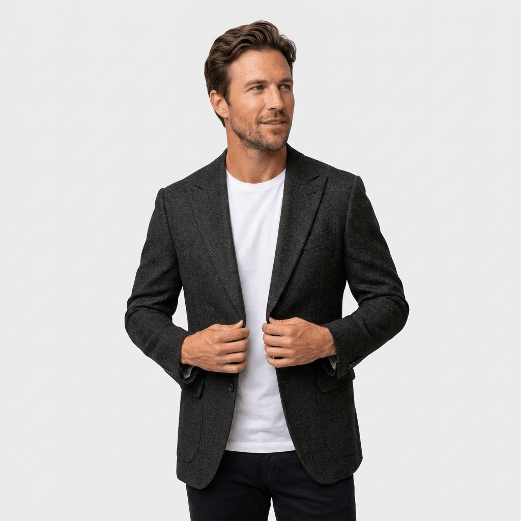 Man wearing a black textured blazer over a white crew-neck shirt and dark trousers, adjusting the front of the blazer.