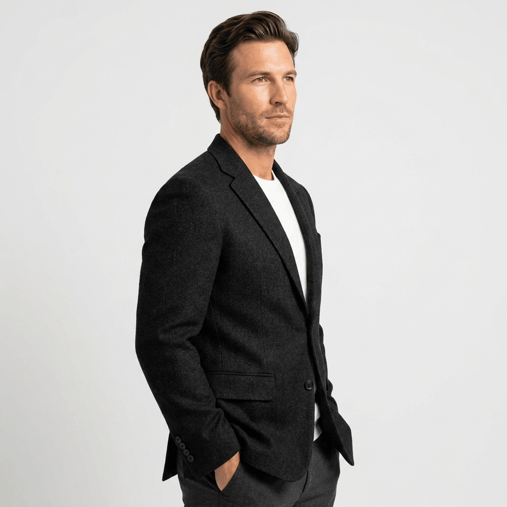 Side view of a man wearing a black textured blazer over a white shirt with a tailored silhouette.