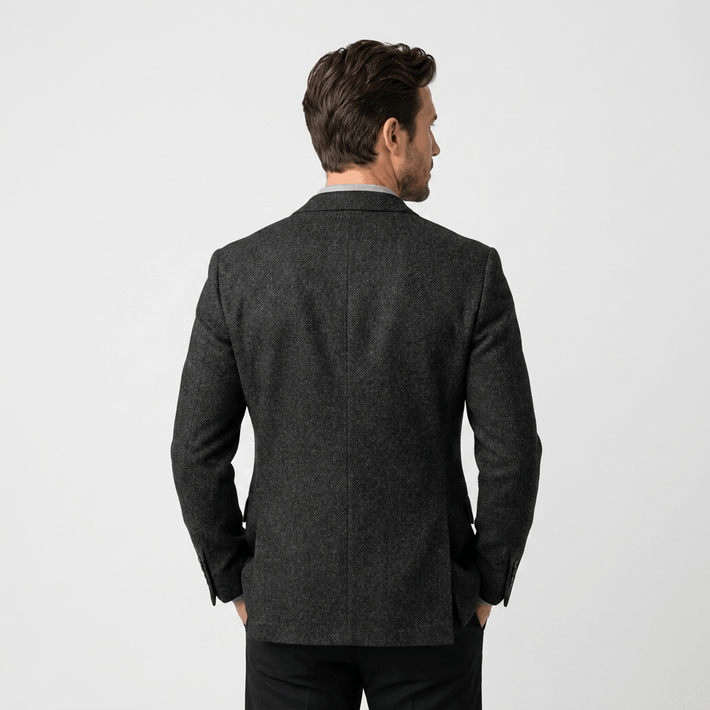 Back view of a man wearing a black textured blazer with a tailored fit and classic structured design.