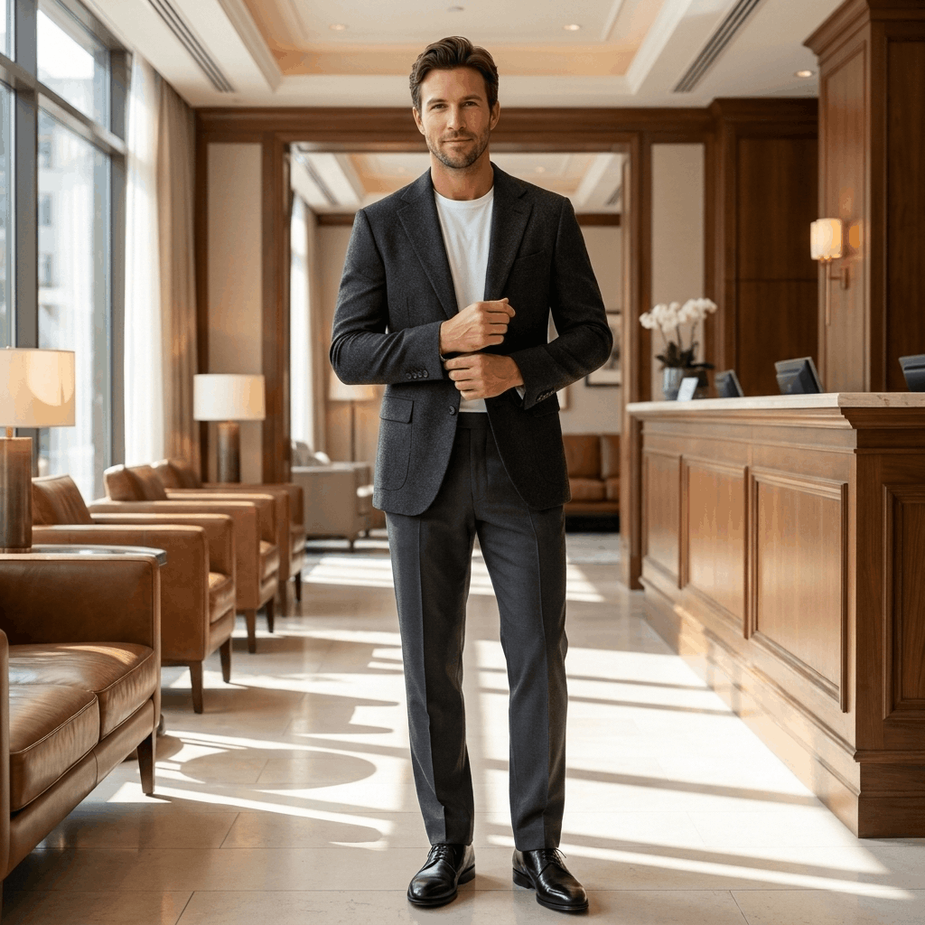 Man wearing a black textured blazer, white shirt, and dark trousers while standing in an elegant modern interior.