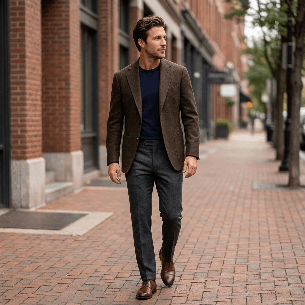 Man wearing a dark textured blazer, white shirt, and dark trousers while walking along a city street.