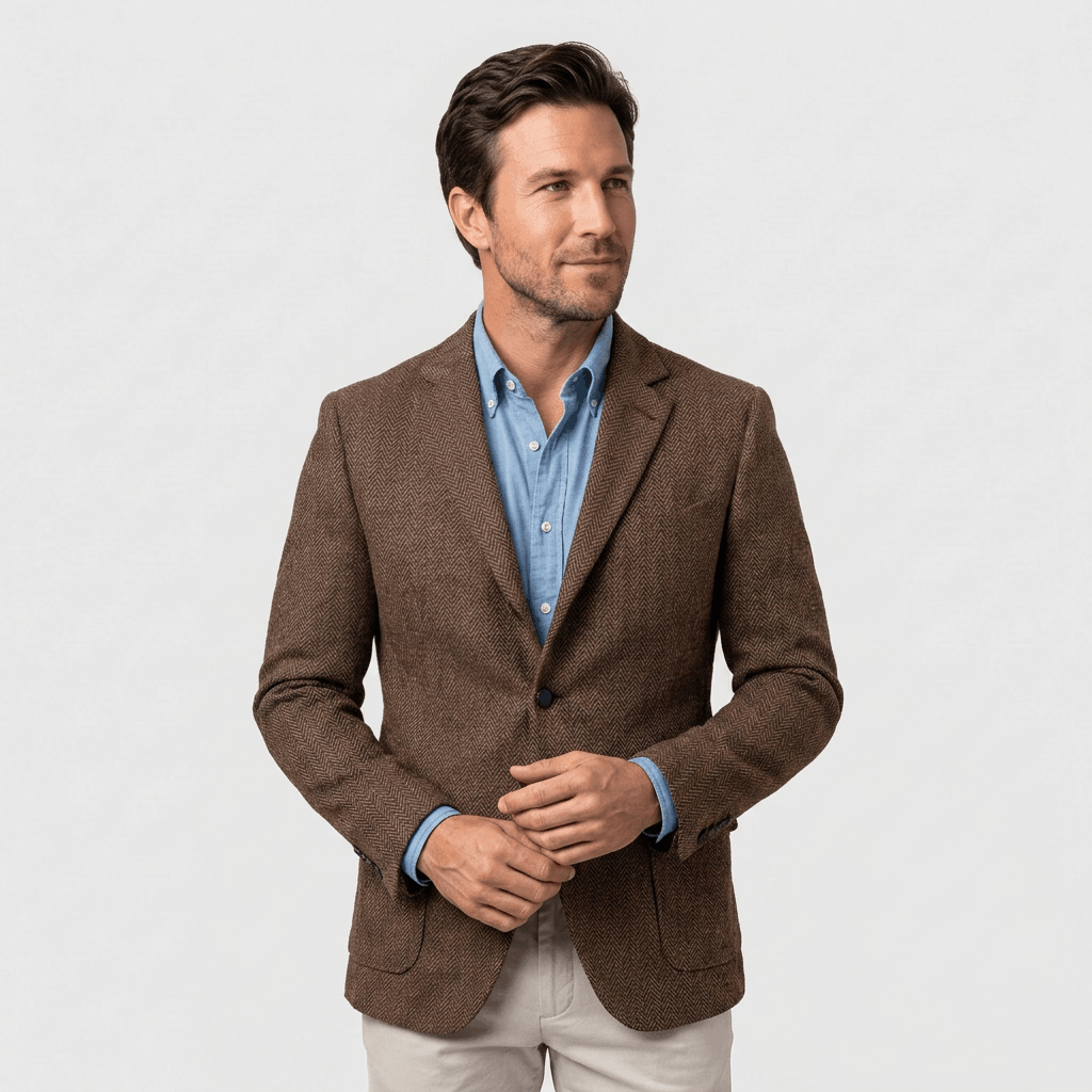Three-quarter view of a man wearing a brown textured blazer over a blue button-down shirt, with a notched lapel and tailored fit.